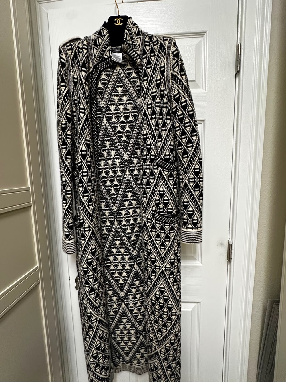 CHANEL Black & White Patterned Wool Pea Coat
